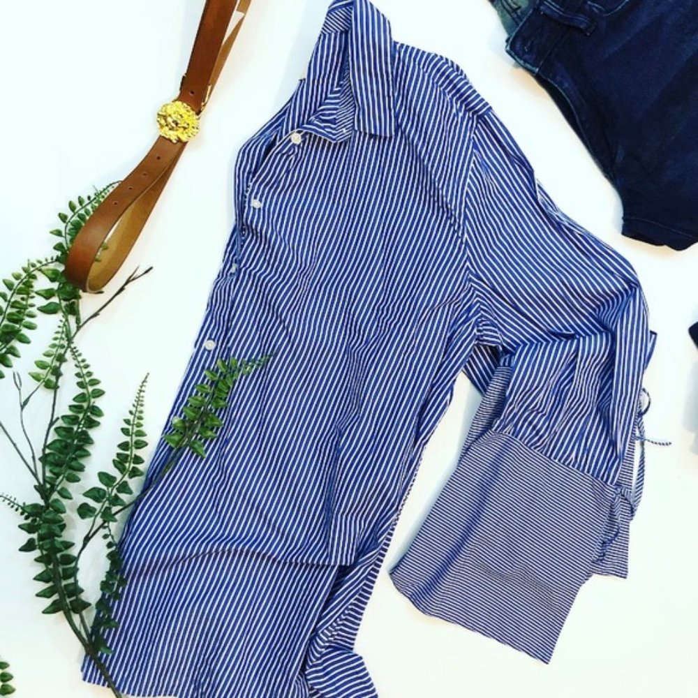 Loft Striped Bell Sleeve Button Up Blue Size Small